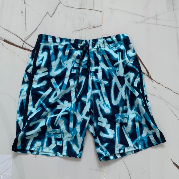 Nike Swim Trunks Men's Medium Adult Blue White Swoosh Board Shorts Bathing Suit - Picture 1 of 9